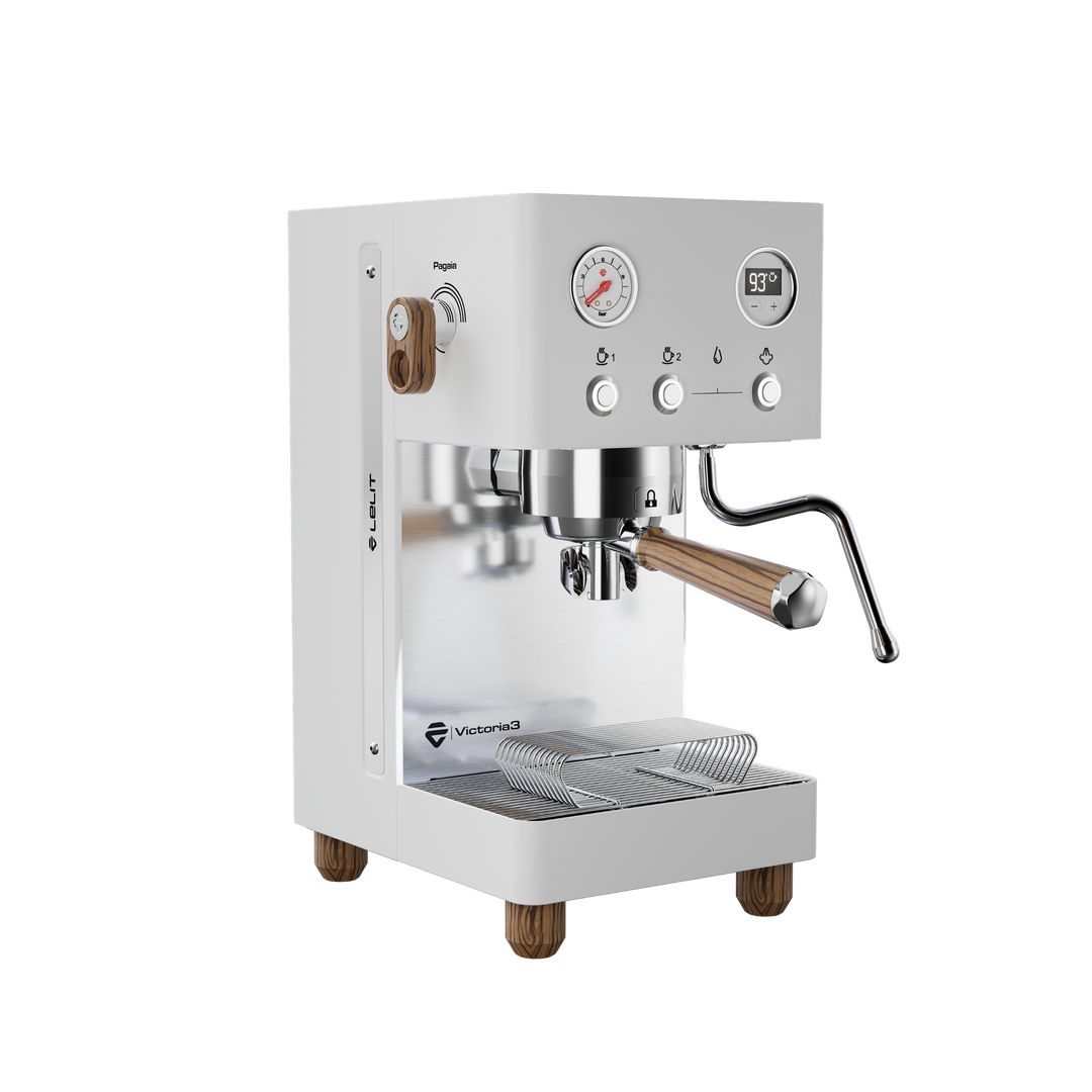 Lelit Victoria3 blanche avec bois Zebrano, vue de trois quarts avant – Coffee Coaching Club 6