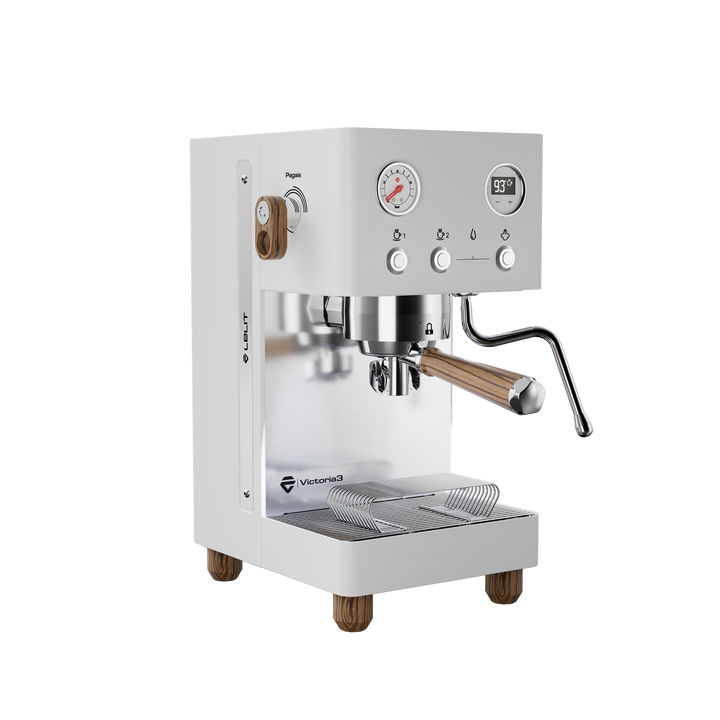Lelit Victoria3 blanche avec bois Zebrano, vue de trois quarts avant – Coffee Coaching Club 6