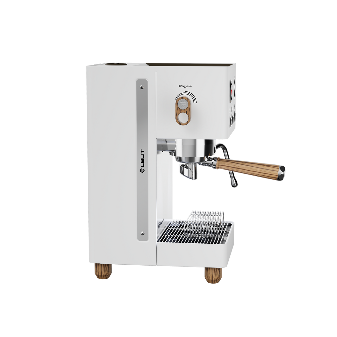Lelit Victoria3 blanche, vue latérale avec levier Pagaia en bois Zebrano – Coffee Coaching Club 7