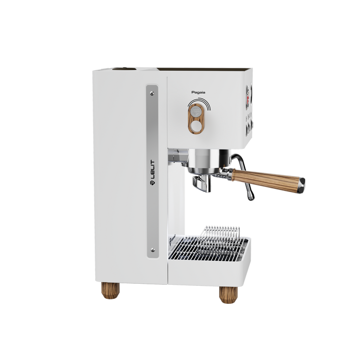 Lelit Victoria3 blanche, vue latérale avec levier Pagaia en bois Zebrano – Coffee Coaching Club 7