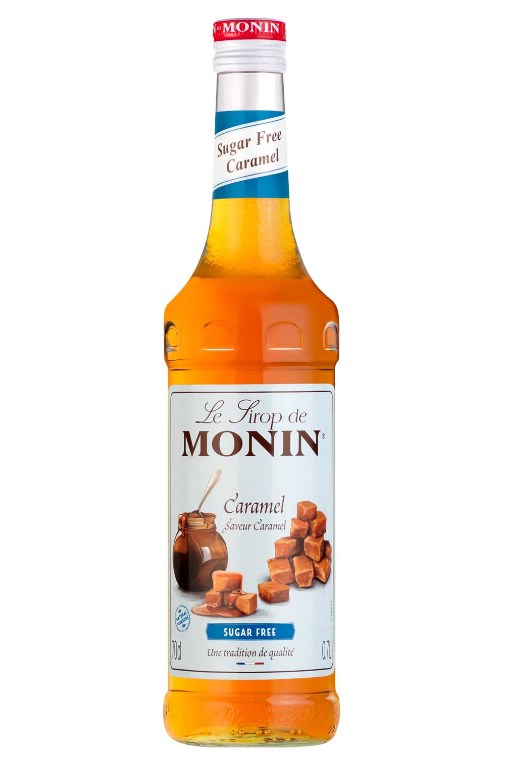 MONIN Concentré Caramel sans sucre 700 ml, bouteille avec étiquette « Sugar Free » – Coffee Coaching Club 1