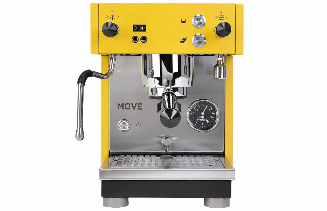 Profitec MOVE 2.0 dual boiler espresso machine in yellow – front view with dual pressure gauge