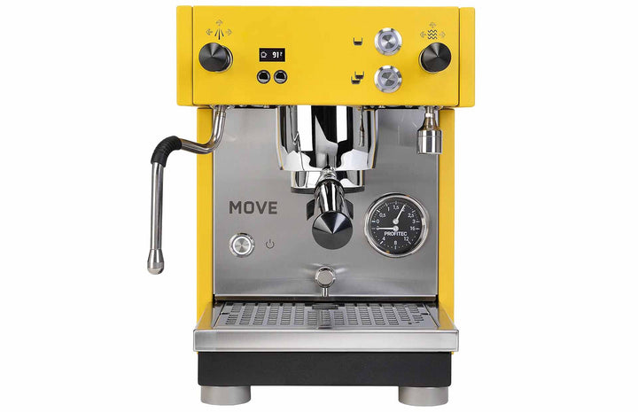 Profitec MOVE 2.0 dual boiler espresso machine in yellow – front view with dual pressure gauge