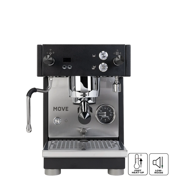 Profitec MOVE 2.0 in black – front view with symbols for Fast Heat-Up and low-noise pump