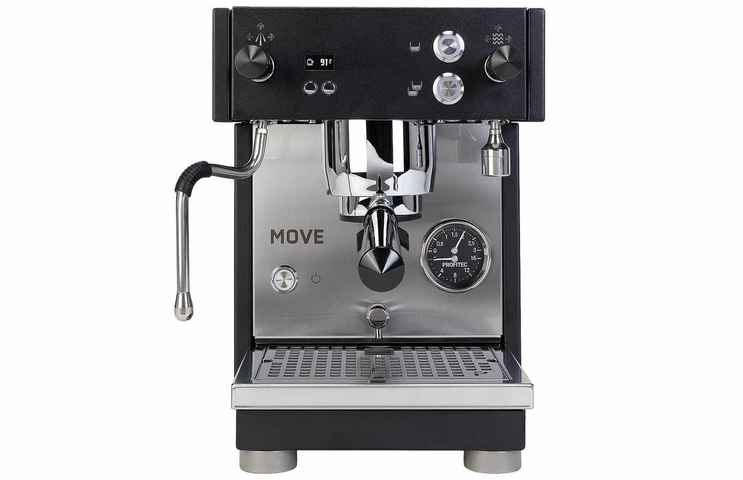 Profitec MOVE 2.0 dual boiler espresso machine in black – front view with dual pressure gauge