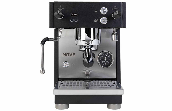Profitec MOVE 2.0 dual boiler espresso machine in black – front view with dual pressure gauge