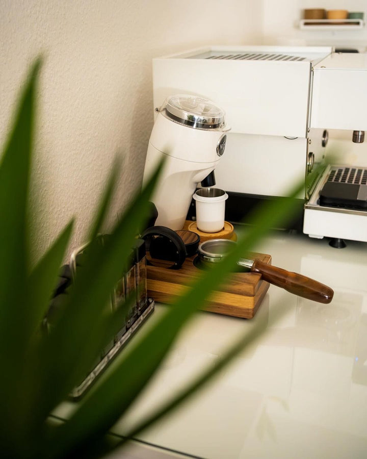 Normcore Tampingstation Nussbaum in der Küche neben Mühle und Espressomaschine – Coffee Coaching Club 10