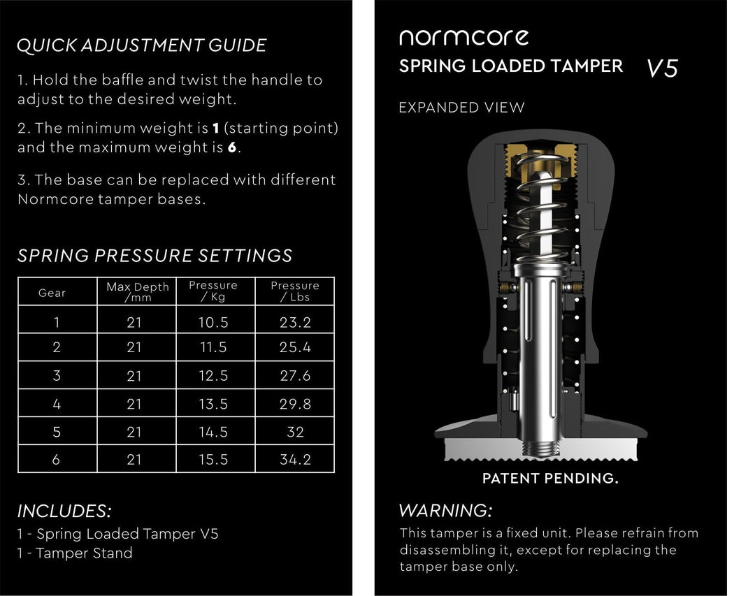 Normcore V5 Spring-Loaded Tamper Einstellanleitung, Druckstufen und Schnittansicht – Coffee Coaching Club 8