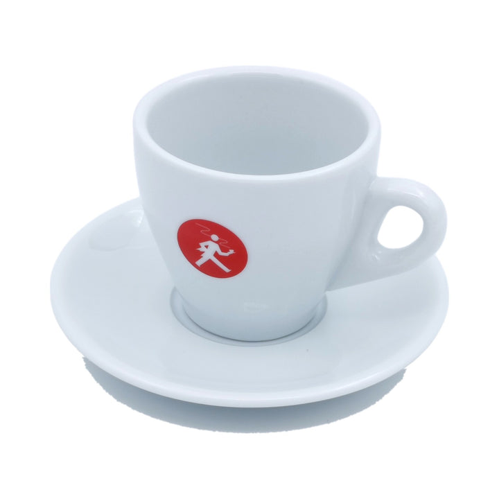 Olympia Express Cappuccino-Tasse mit Untersatz, weisses Porzellan mit Logo (500050) – Coffee Coaching Club