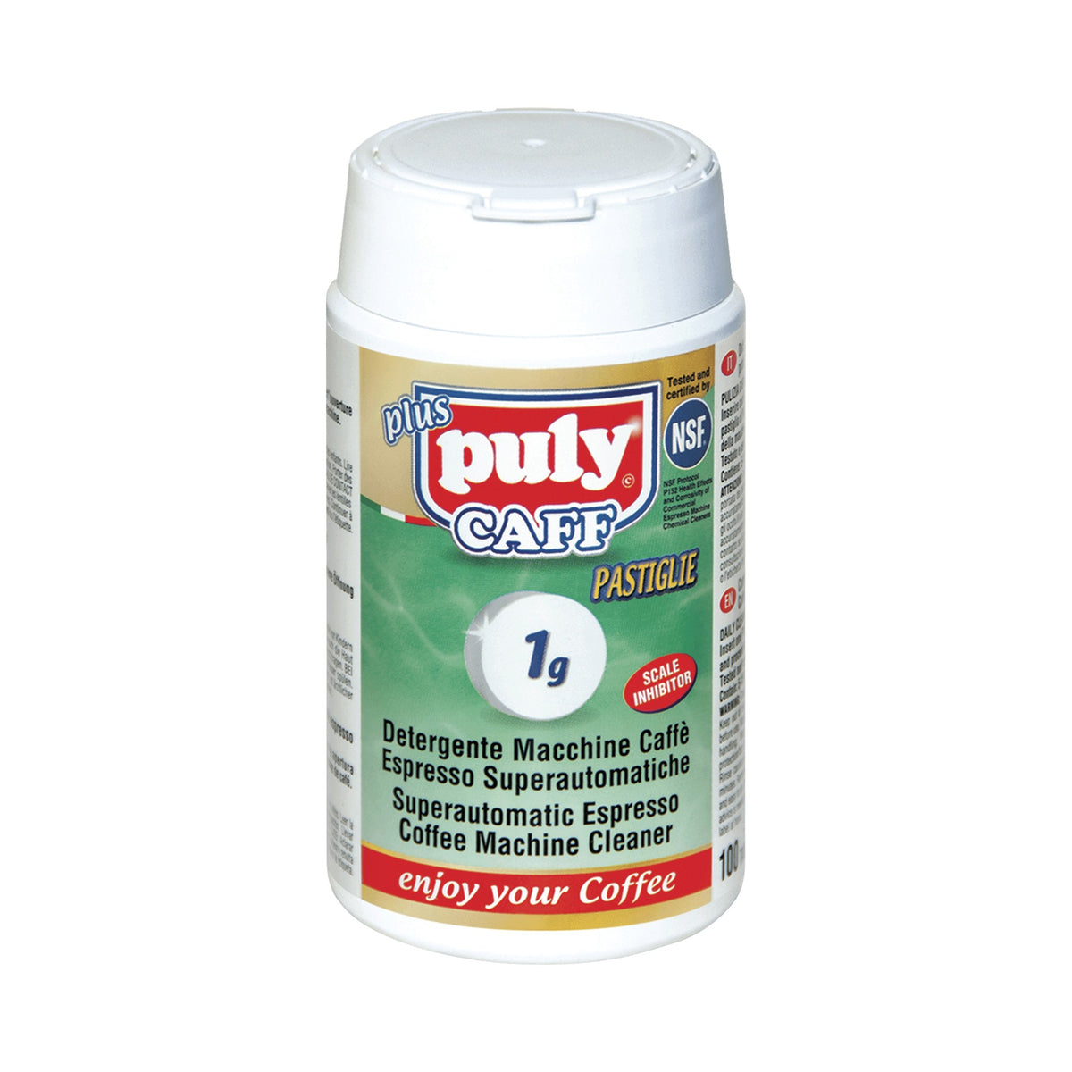 Puly Caff Plus Pastiglie Reinigungstabs 1 g, Dose mit 100 Tabletten, weiss mit grünem Etikett – Coffee Coaching Club