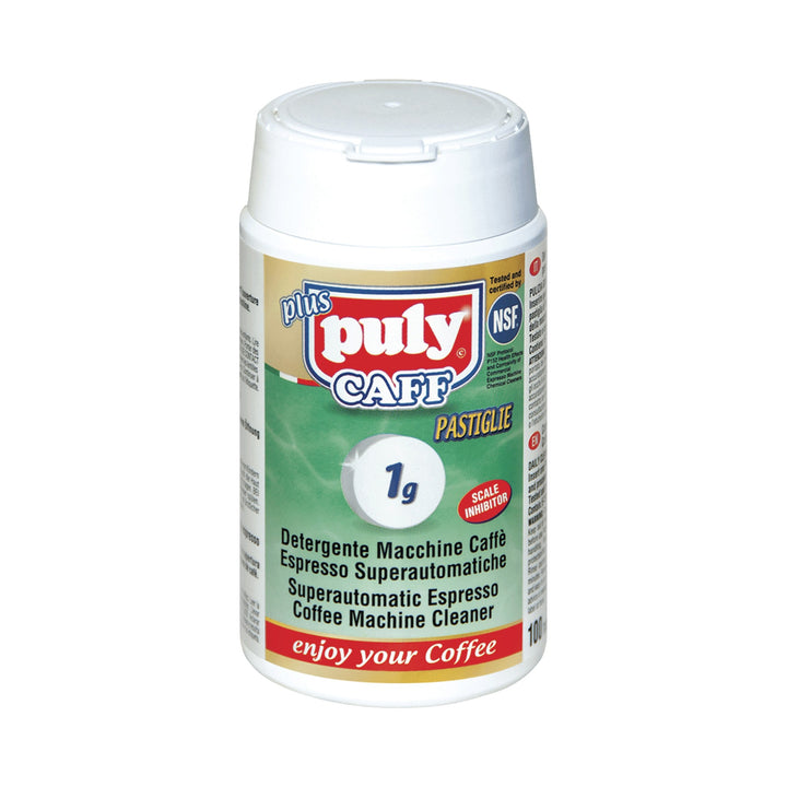 Puly Caff Plus Pastiglie Reinigungstabs 1 g, Dose mit 100 Tabletten, weiss mit grünem Etikett – Coffee Coaching Club