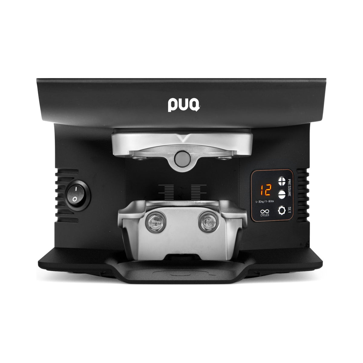 Puqpress M6 automatischer Tamper matt schwarz, Frontansicht mit Bedienfeld – Coffee Coaching Club