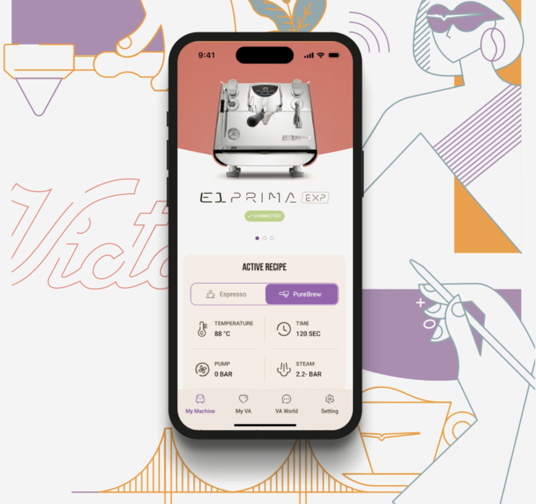 Victoria Arduino E1 Prima EXP App auf dem Smartphone mit aktivem Rezept – Coffee Coaching Club 21