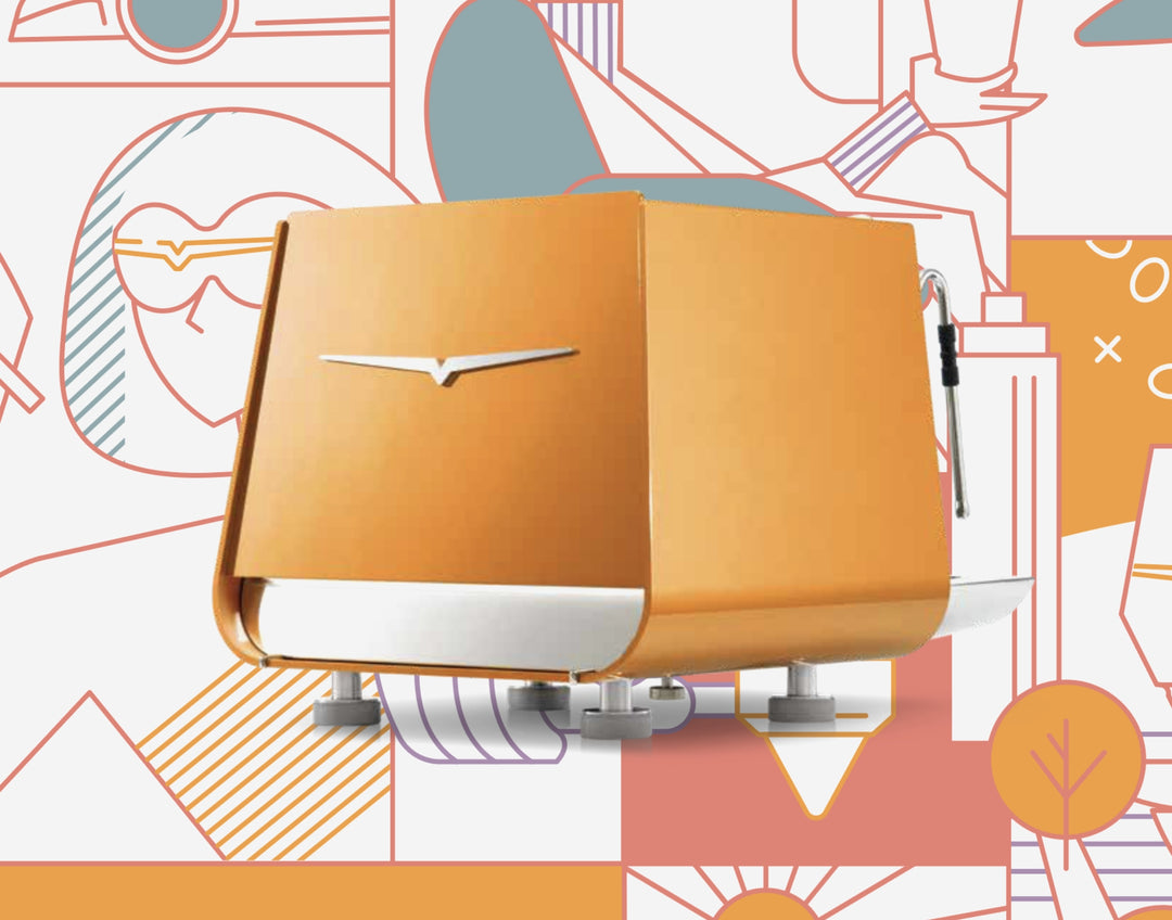 Victoria Arduino E1 Prima EXP Roman Coin vor illustriertem Hintergrund – Coffee Coaching Club 26
