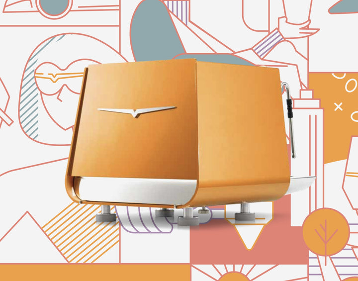 Victoria Arduino E1 Prima EXP Roman Coin vor illustriertem Hintergrund – Coffee Coaching Club 26