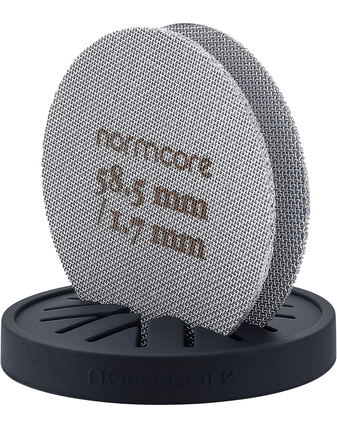 Normcore Premium Puck-Sieb, 2 Stück, 58,5 mm, mit Ständer, wiederverwendbares Kontakt-Duschsieb mit Silikonhalter, 1,7 mm/1,0 mm Dicke kompatibel mit Espressomaschine mit 58 mm großem Siebträgerkorb - Coffee Coaching Club