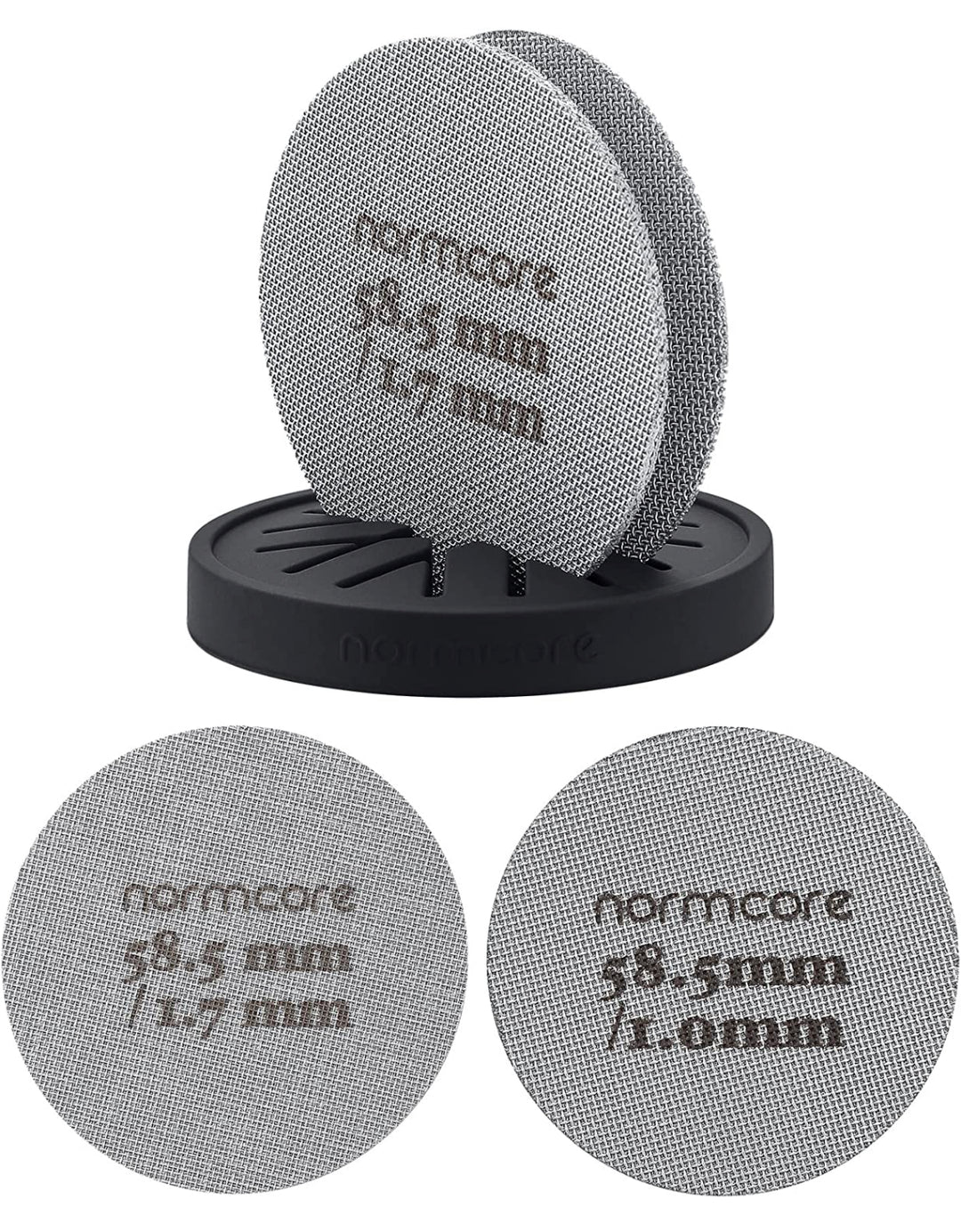 Normcore Premium Puck-Sieb, 2 Stück, 58,5 mm, mit Ständer, wiederverwendbares Kontakt-Duschsieb mit Silikonhalter, 1,7 mm/1,0 mm Dicke kompatibel mit Espressomaschine mit 58 mm großem Siebträgerkorb - Coffee Coaching Club